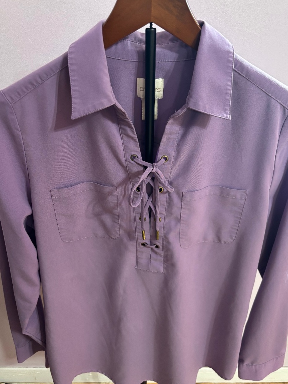 CHICO'S Lavender Lace Up Blouse Soft Stretch Material Long Sleeve Top Size 0 - Picture 3 of 8